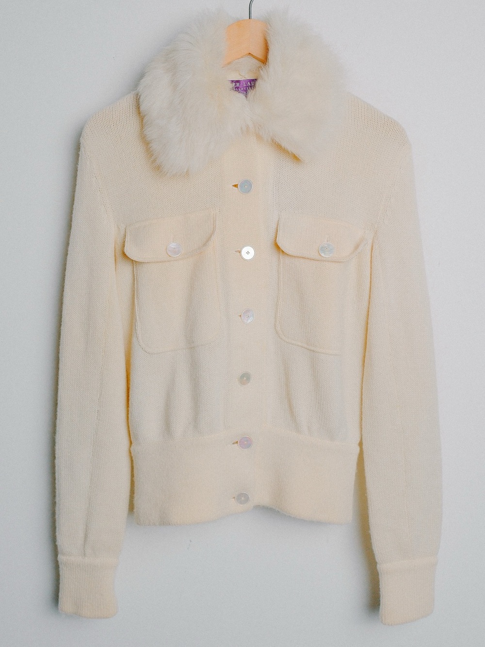 Rare Ralph Lauren Collection Cashmere Cardigan Jacket Fur Collar Ivory S